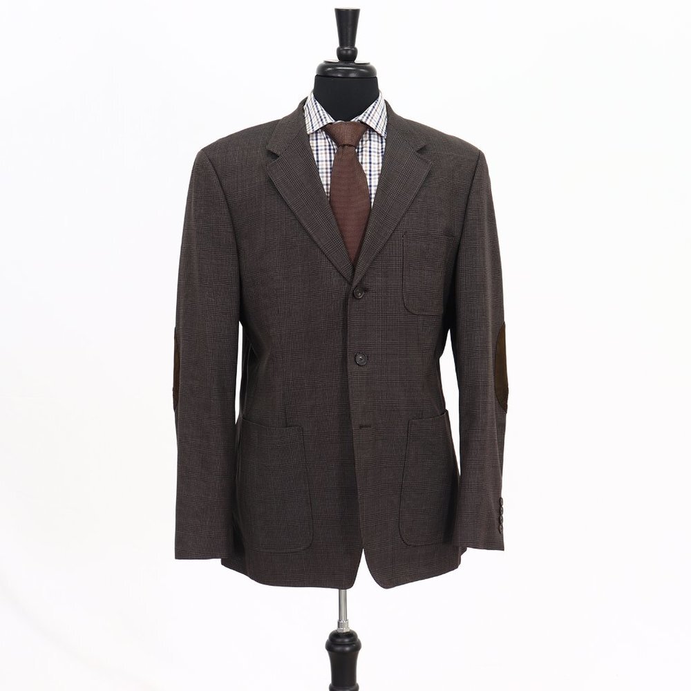 Alex Cannon L 42R Brown Check 3-Button Poly Sport Coat Blazer Jacket B386